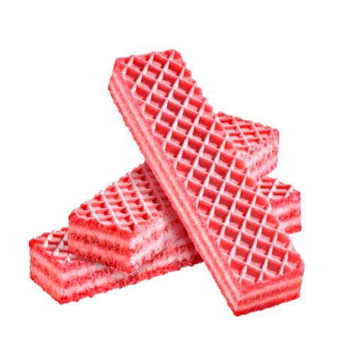 Strawberry Wafer Biscuit are layers of very thin flat strawberry biscuits with layers of strawberry cream cut into many shappes.
