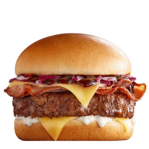 Cheese And Bacon Angus Burger made with angus beef paddy with cheese and bacon with mayo bbq sauce and then sliced red onions.