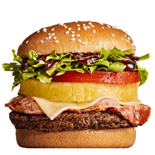 Pineapple Beef Burger made with a thick grilled beef paddy topped with bacon then chees and pineapple and slice of tomato and lettuce and BBQ sauce.