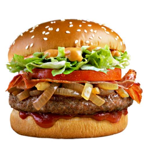 Burger Beef - Beef burger made with a thick grilled beef paddy topped with fried brown onions and slice of tomato and lettuce and tomato sauce.