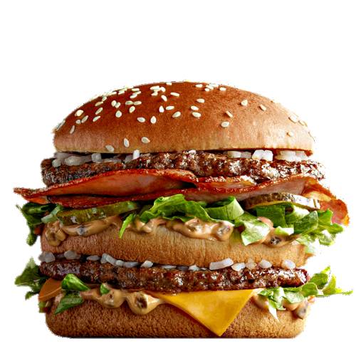 Burger Big Mac Bacon - Bacon Big Mac Burger with two beef patties and topped with pickles cheese onion lettuce and sauce with crispy bacon sandwiched in a sesame seed bun.
