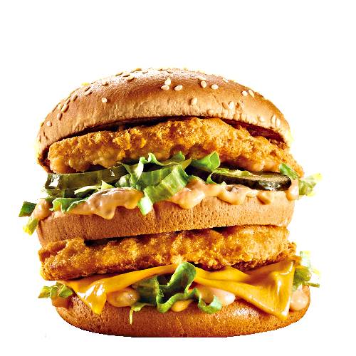 Burger Big Mac Chicken - Big Mac chicken burger made with two chicken breast with cheddar cheese iceberg lettuce dill pickled cucumbers sauce all on a sesame seed bun.