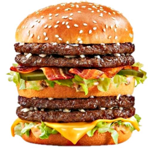 Burger Big Mac Double Bacon - Big Mac Double Bacon Burger is made with four beef patties special sauce crisp lettuce processed cheddar cheese pickles onions and smoked bacon strips on a toasted sesame seed bun.
