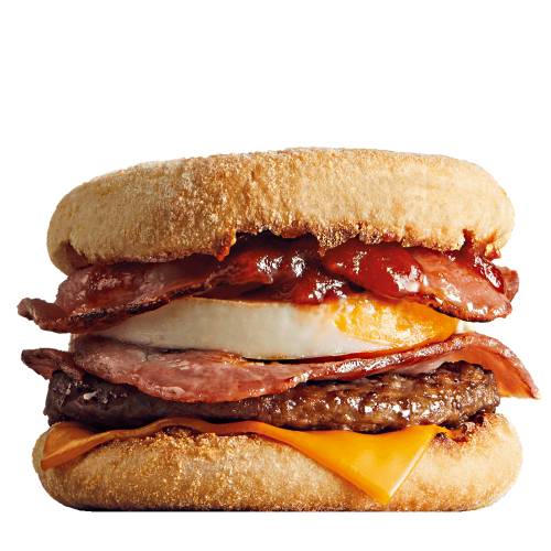 Burger Brakefast Mighty - Brakefast Mighty Burger made with two rashers of bacon egg cheese and a sausage patty on an muffin.