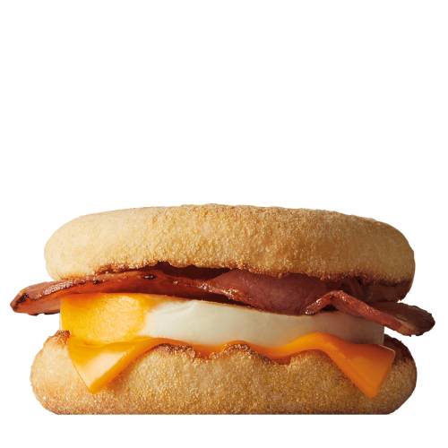Brakefast Muffin Egg Bacon Burger with melting cheese well cooked bacon and a egg on a toasted muffin.