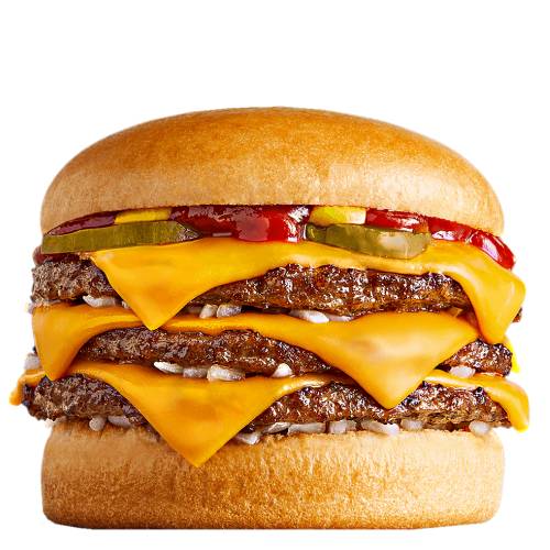 Burger Cheese Triple - Triple Cheese Burger made with three beef paddies onions pickle ketchup mustard and three cheese slices on a toasted bun.