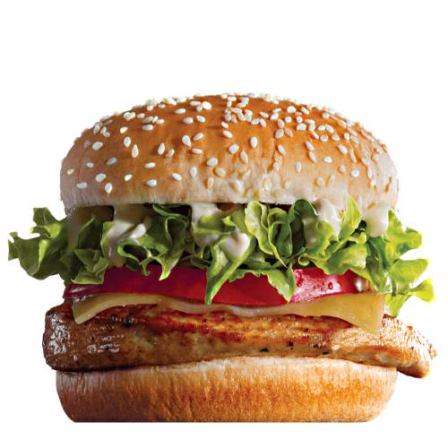Grilled Chicken Burger with grilled chicken fillet topped with mayonnaise shredded lettuce with tomato and cheese and served on a lightly toasty bun.