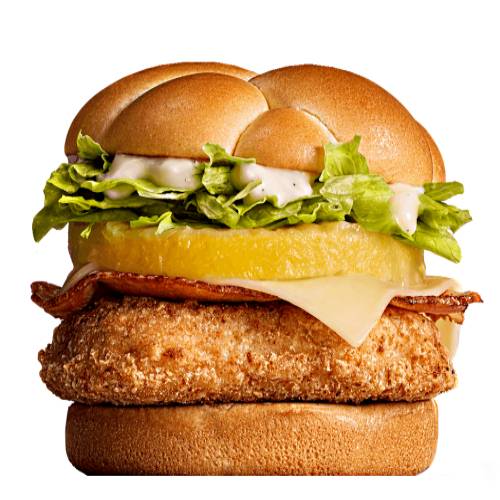 Pineapple Chicken Burger with chicken breast seasoned and coated and topped with cheese and pineapple with lettuce and our mayo sauce between a sesame seed bun.