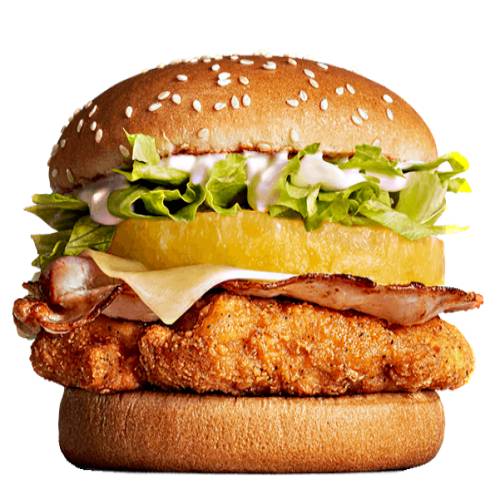 Spicy Chicken Pineapple Burger with chicken seasoned topped with bacon cheese and pineapple with lettuce and mayo sauce all in a sesame seed bun.