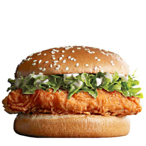 Burger Chicken Spicy - Spicy Chicken Burger with tender juicy boneless chicken thigh meat coated in crispy batter with a lick of spice topped with a creamy sauce and crispy shredded lettuce.