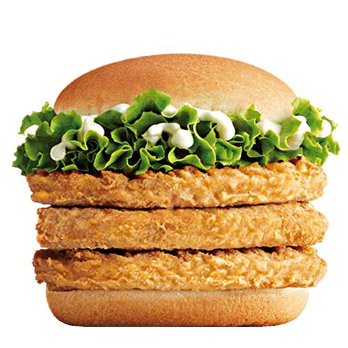 Burger Chicken Triple - Chicken triple burger with three chicken breast seasoned and coated in tempura and topped with sauce and lettuce between a toasted bun.