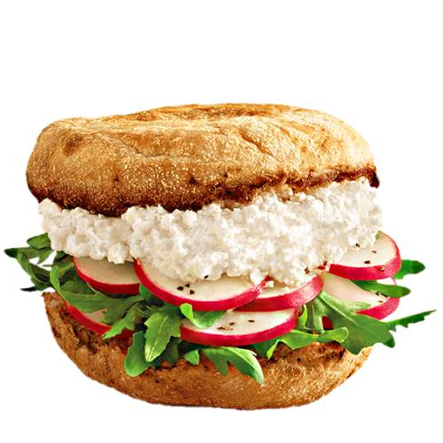 Cottage Cheese Radish Burger with red radish cottage cheese rocket lettuce on a toasted bun.