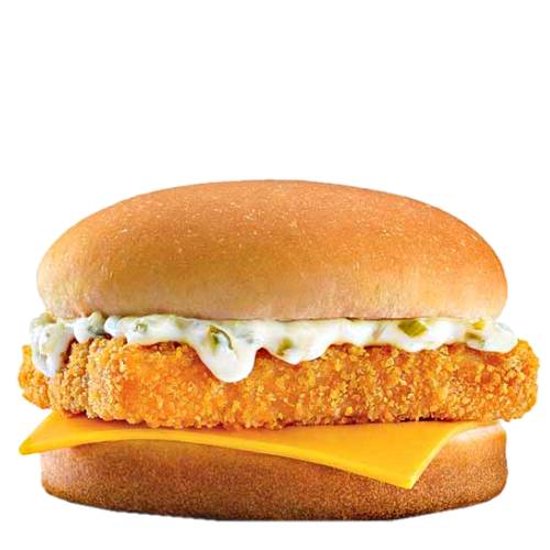 Burger Fish - Fish Burger made with tender portions of fish and zesty tartar sauce and cheese on a warm bun.