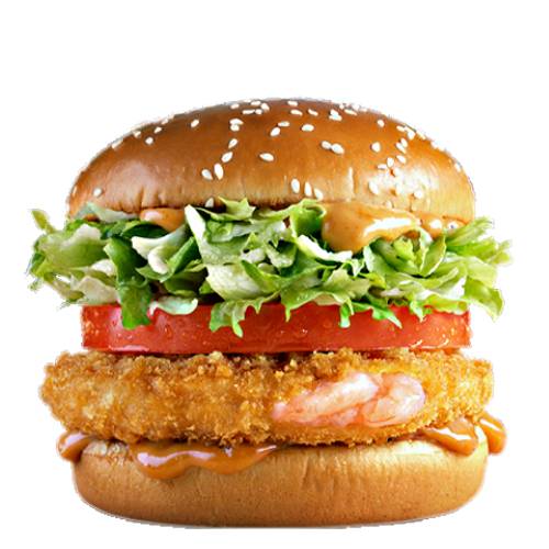 Burger Prawn - Prawn burger with a crispy paddy made of small sweet prawns and tomato and lettuce with creamy sauce on a sesame seed bun.