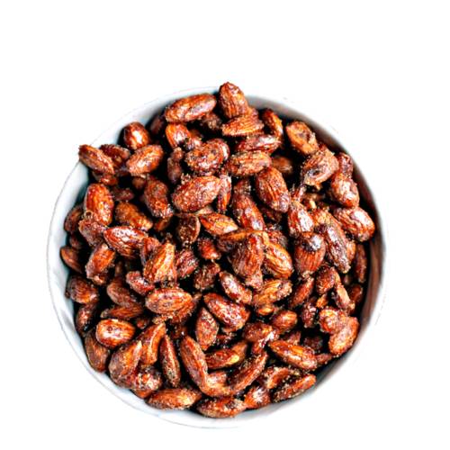 Almond candied with caramel and made by toasting then coating the almond in sugar.