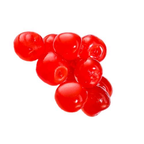 Cherries dried and candied in sugar and red in color also called crystallized red cherry or glace red cherry.