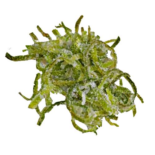 Candied kaffir lime peel is made by zesting and coating the peel with sugar.
