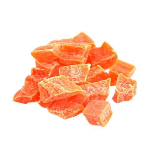 Papaya dried and candied with sugar also called crystallized papaya or glace papaya also called papaw or pawpaw.