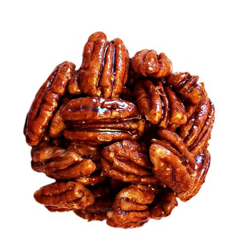 Pecan candied and cleaned and roasted then coated with a caramel sugar.