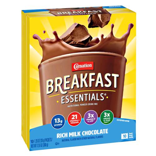 Chocolate Carnation Breakfast Powder is high in protein and with twenty one vitamins and minerals including Calcium to help build strong bones and vitamins C and D and key nutrients for immune support.