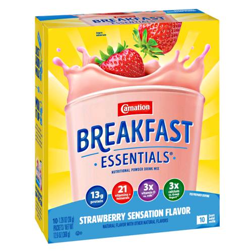 Strawberry Carnation Breakfast Powder is high in protein and with twenty one vitamins and minerals including Calcium to help build strong bones and vitamins C and D and key nutrients for immune support.