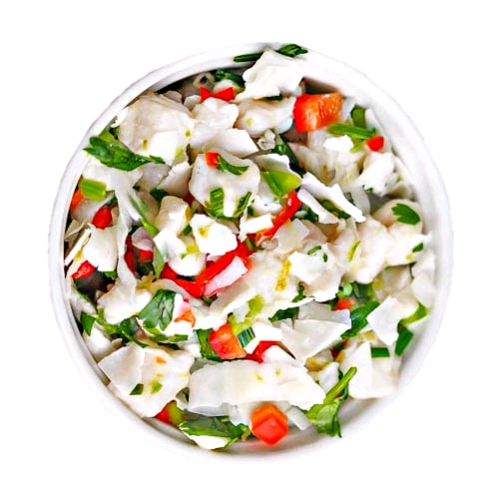 Ceviche - Ceviche also cebiche seviche or sebiche is a seafood dish made from raw fish cured in citrus and spiced with ají chili peppers or other seasonings including chopped onions salt and coriander.