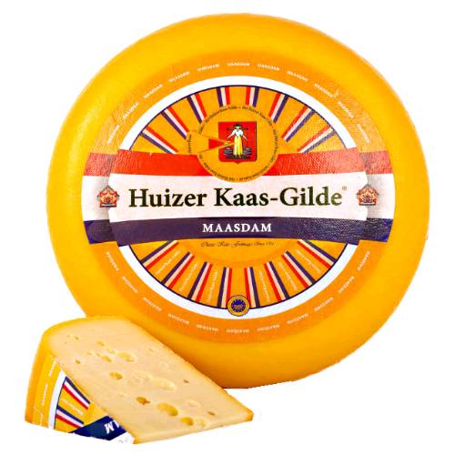 Maasdam Cheese is an Emmental style Dutch cheese and is made from cows milk and is aged for at least four weeks and has internal voids or holes from the ripening process and a smooth yellow rind.