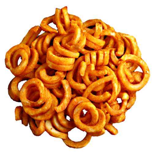 Curly Potato Chips are cut potato then deep dried until golden brown.
