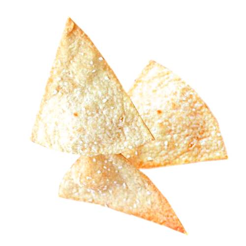 Chips tortilla is made from corn or maize hominy meal that is flat circular cut then baked in an oven until dry like a cracker.