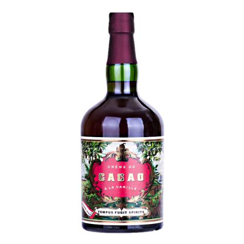 Tempus Fugit chocolate liqueur is the best creme de cacao is raw cacao distilled and the distillate is then macerated with additional cacao and crushed whole vanilla bean with a medium brown color.