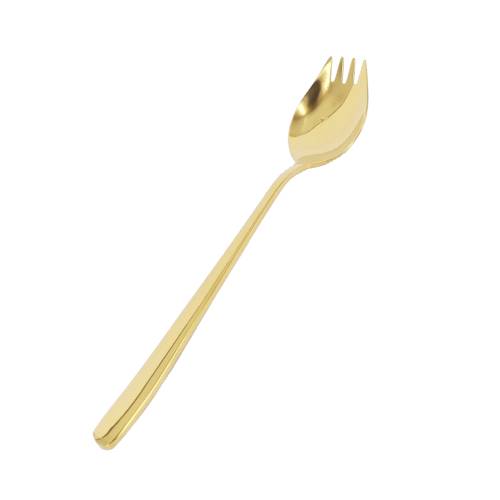 Gold Splayd is an eating utensil combining the functions of knife fork and spoon.