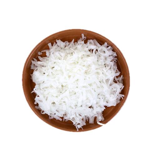 Shredded coconut is coarsely flaked coconut flesh without the addition of oil or fat and not dehydrated.