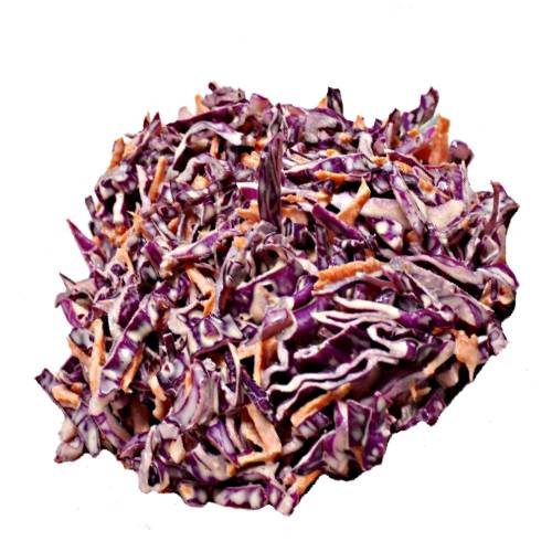 Red Cabbage Coleslaw is made by thin shreading red cabbage adding mayonnaise salt pepper mustard and other vegetables.