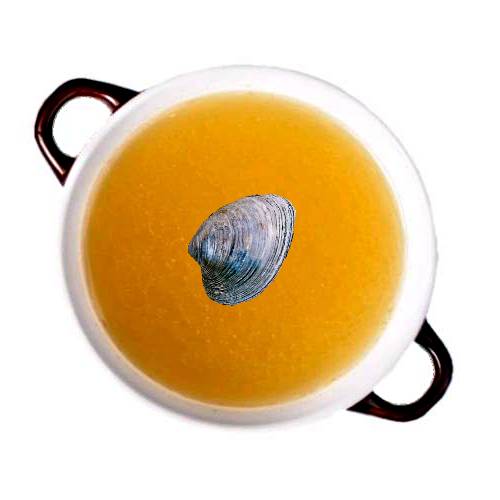 Consomme Clam - Clam consomme made from clams and white style vegetable and clear of fats and sediments until clarified and comes in dark cand clear versions.