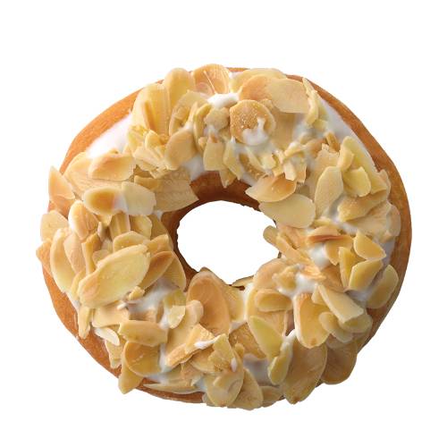 Almond doughnut made from almond flour into a dough and fried then coated with a layer of toasted almond flakes.