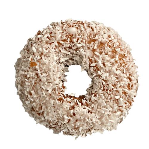Coconut doughnut cooked into a round ring and coated with toasted coconut.