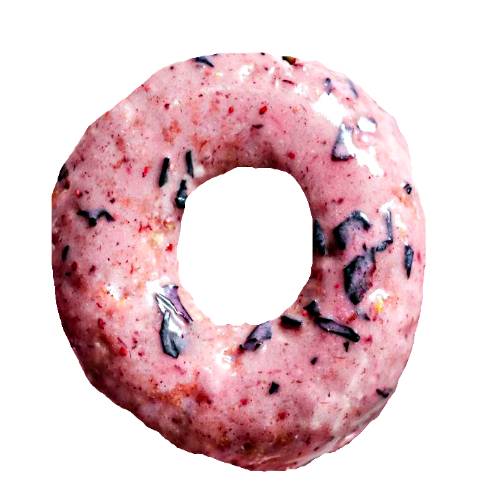 Gooseberry doughnut made from flour dough with gooseberry pulp fried into a ring and lightly glazed with a gooseberry coating.
