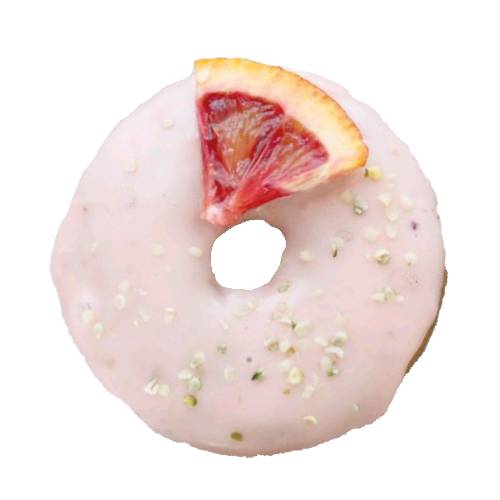 Grapefruit doughnut is made from flour dough and grapefruit juice and zest then deep fried and coated with grapefruit icing.