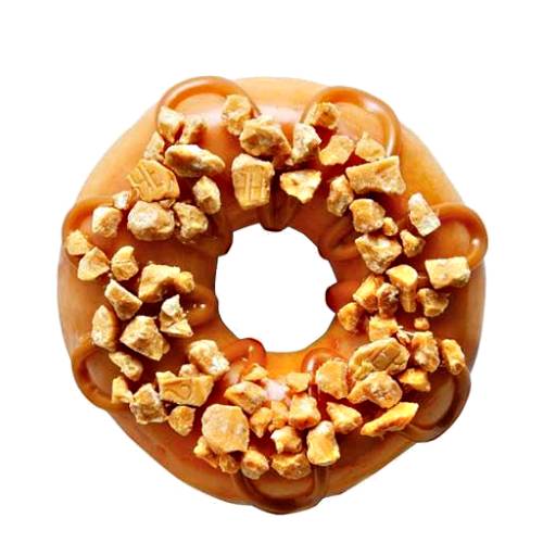 Honeycomb doughnut made with caramel and honeycomb sprinkled on top.
