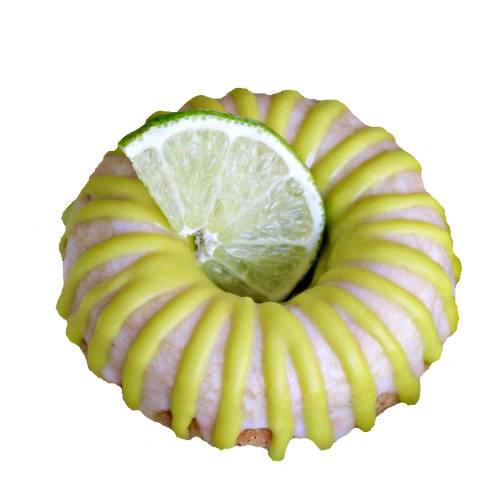 Lime Doughnut made by add lime zest and lime juice to a yeast leavened dough then fried and coated with a tart lime glaze.