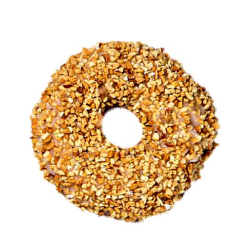 Peanut doughnut coated with roasted crushed peanuts into a ring.