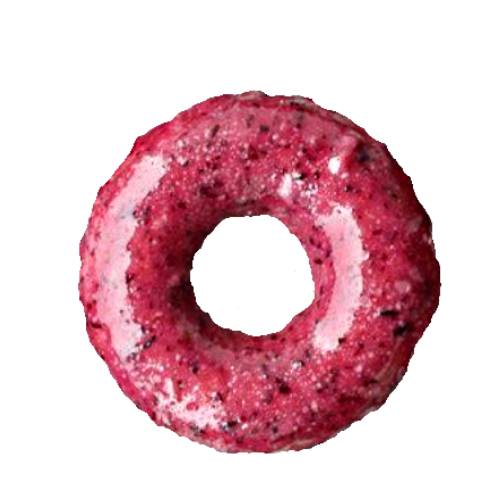 Plum doughnut cooked with a rich plum pulp flavored dough and coated with a light plum translucent coating.