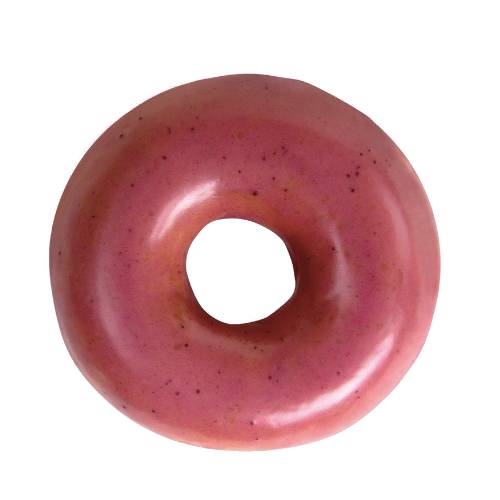 Raspberry doughnut is a ring with a plain doughnut coated with a rich glossy pink raspberry glaze.
