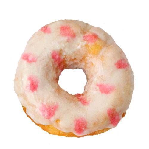 Rose Doughnut ring injected with rose water and coated with a rose flavour coating.