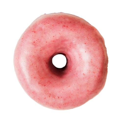Strawberry doughnut coated with a strawberry glaze and made from frying a leavened dough into a round ring.