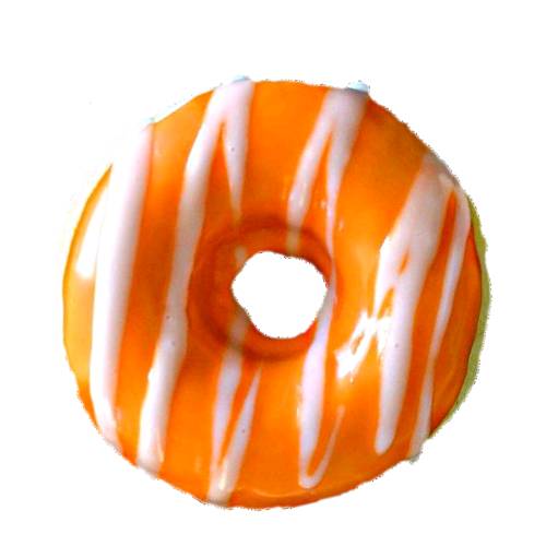 Tangerine doughnut made into a ring and with dough fortified with tangerine zest then cooked until gold brown and topped with a citrus tangerine topping.
