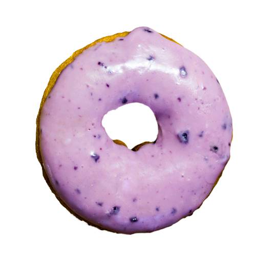 Violet doughnut made from leavened fried dough and glazed with Violet flavour coating with candied violet flowers.