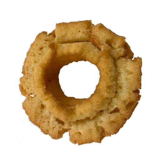 Walnut doughnut made from leavened dough made with walnut pulp then made into a ring and deep fried until golden brown.