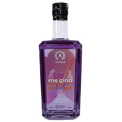 Ms Gina Anther Spirits Gin has a bright purple color from butterfly pea and flavor rose and cranberry and grapefruit.