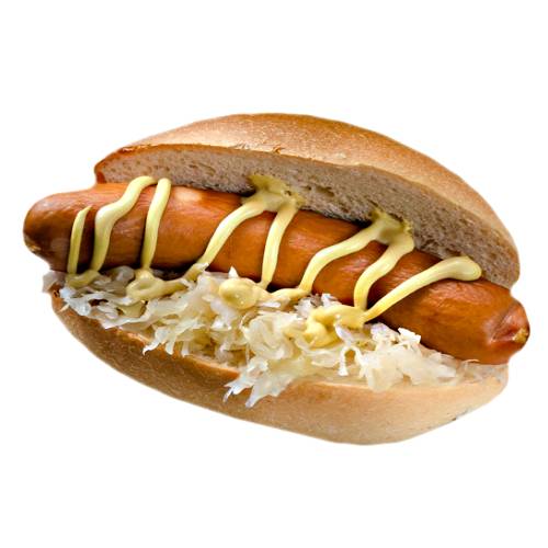 Sauerkraut Hot Dog is a bun with grilled steamed or boiled sausage topped with sauerkraut.